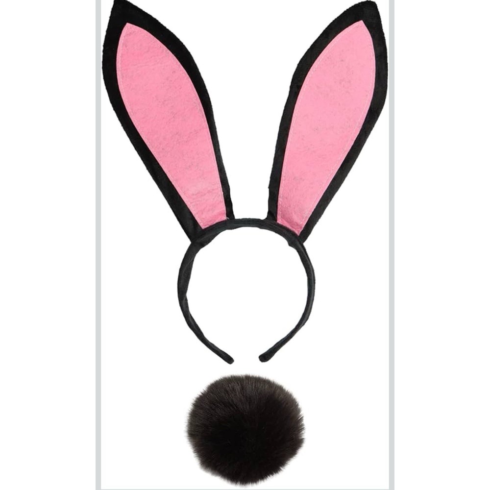 Bunny Ears and tail Set, Plush Easter Rabbit Ears Headband Tail Bunny Black